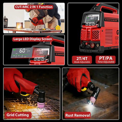 2 In 1 Portable Plasma Cutter And Stick Welder 60PRO with LED display, showing cutting and rust removal uses in image.
