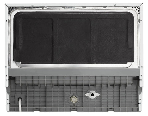 Compact Countertop Dishwasher With No Sweat Faucet Hookup Six Place Setting Capacity Six Rapid Wash Cycles Heavy Duty Silverware Tray Matte White Build back view showing internal components.