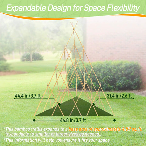 Expandable Bamboo Teepee Trellis for Climbing Plants No Fuss Self Standing Garden Support shown in a grassy outdoor setting