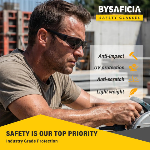 Bulk Pack Of Twenty Four Tinted Safety Glasses With Smoke Lenses And UV Protection Premium Polycarbonate Build Meets Ansi Z87 Standards on a worker.