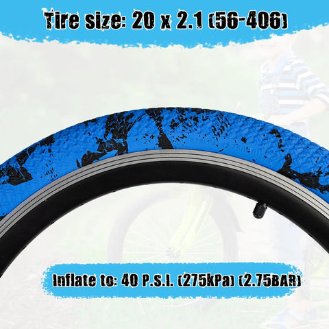 Close-up of blue and black tire from Two Pack 20 By 2.1 Folding Bead Bicycle Tires With 20 By 1.75 To 2.125 Inner Tubes And Tire Pry Rods