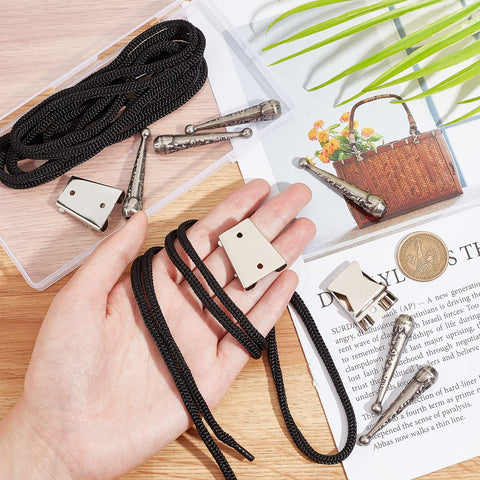 3 Sets Iron Bolo Tie Findings Kit With Sterling Silver Plated End Caps Textured Round Slides Black Cord And Replacement Buckle Clasps For DIY Wallets Bags And Jewelry Making displayed on a table with accessories.