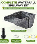 8 Inch Wide Rock Lid Waterfall Spillway Kit For Ponds And Gardens, Includes Waterfall Box, Barb Adaptor, And Hose Clamp