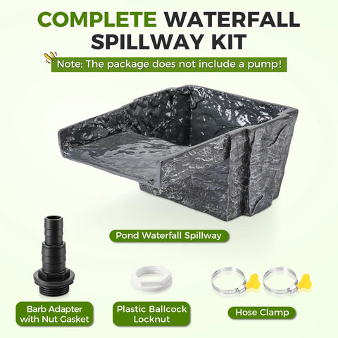 8 Inch Wide Rock Lid Waterfall Spillway Kit For Ponds And Gardens, Includes Waterfall Box, Barb Adaptor, And Hose Clamp