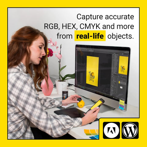 Woman using Portable Color Sensor And Color Matcher Tool With 300000 Plus Paint Library at computer desk.