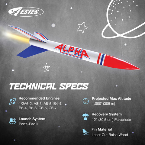 Hands On Intermediate Model Rocket Kit For Ages 10 And Up With Parts Decals Recovery Parachute And Easy To Follow Step By Step Instructions Kid Friendly And Ready For Safe Fun Flights rocket with specifications and illustration.