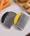 Two-piece stainless steel crinkle chopper and wavy potato cutter with black and yellow handles for vegetables