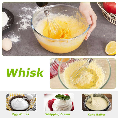 Straight Up Game Changer 4 In 1 Immersion Blender With Food Processor Chopper And Egg Whisk 20 Variable Speeds Plus Turbo Mode For Smoothies Soups And Protein Shakes in use whisking egg yolks in a glass bowl.