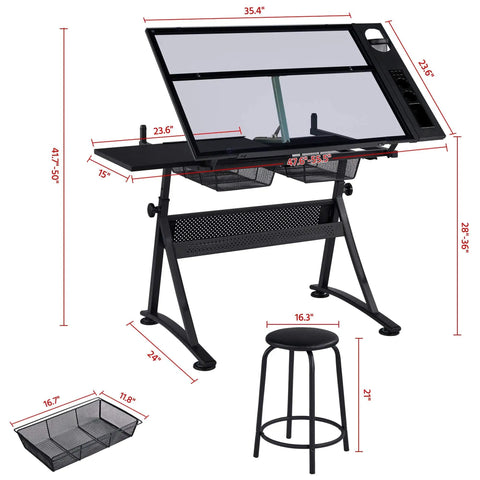 Adjustable Drafting Desk With Stool Multifunction Artist Table, tilting glass top, steel frame, stool included, measurements shown