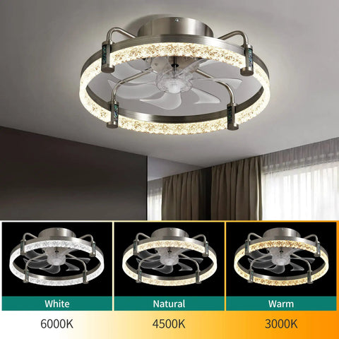 20 Inch Low Profile Ceiling Fan With Lights, Flush Mount Enclosed Bladeless Design, Quiet Reversible DC Motor, 6 Speeds, Brushed Nickel Finish