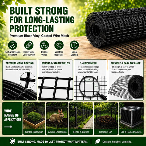 Tough As Nails Black Vinyl Coated Hardware Cloth One Quarter Inch Mesh Wire Fencing Roll, showing 48" x 100' roll for garden and animal enclosures.