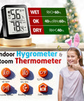 Two Pack Indoor Thermometer And Humidity Monitor With Digital Temp And Humidity Gauge, Real Time Readouts, Battery Included, Ideal For Home, Baby Nursery, Reptile Enclosures, And Greenhouses. Black digital hygrometer thermometer on stand