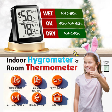 Two Pack Indoor Thermometer And Humidity Monitor With Digital Temp And Humidity Gauge, Real Time Readouts, Battery Included, Ideal For Home, Baby Nursery, Reptile Enclosures, And Greenhouses. Black digital hygrometer thermometer on stand