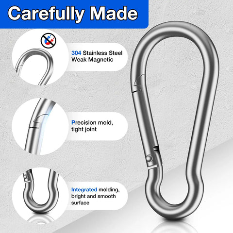 Built Tough No Rust 304 Stainless Steel Carabiner Clips 8 Pack 1360 Lb Capacity 2.36 Inch D Ring Snap Hooks For Gym Use And Dog Leashes Keychains And Outdoor Gear, showcasing precision mold, joint detail, and smooth surface finish.