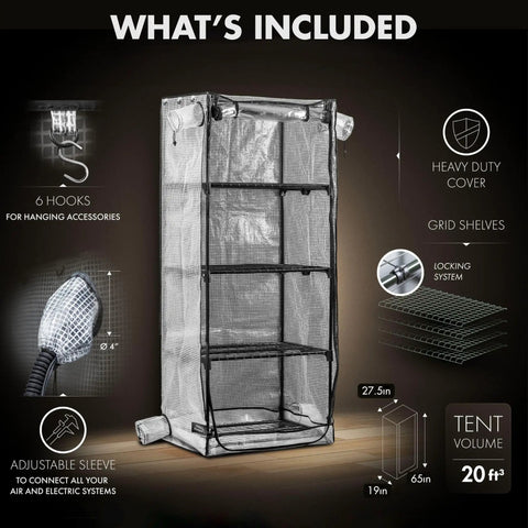 Compact Indoor Mushroom Grow Tent Cabinet With Large Capacity Portable Mini Greenhouse for Home; tent and inclusions shown.