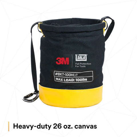 Canvas Spill Control Safe Bucket For Tools with Six D Ring Connection Points, 15x12.5 inches, 100 lb load rating, black and yellow design.