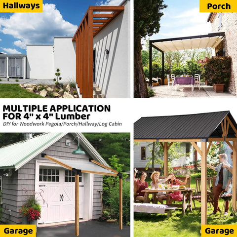 Heavy Duty Beefy 3 Way Slanted Roof Pergola Bracket Kit With Wall Mount Post Base For 4x4 Beams 30 Degree Right Angle Corners Galvanized Steel For Porches And Gazebos 4 Pack