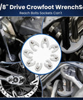 Three Eighths Inch Drive Metric Crowfoot Wrench Set 10 Piece 10 To 22 mm CRV Steel Flare Nut Design For Auto And Plumbing In Tight Spaces With Clip On Organizer Durable Chrome Vanadium Mirror Polished Finish Corrosion Resistant High Torque. 3/8 in drive crowfoot wrench set in tight engine and bike spaces
