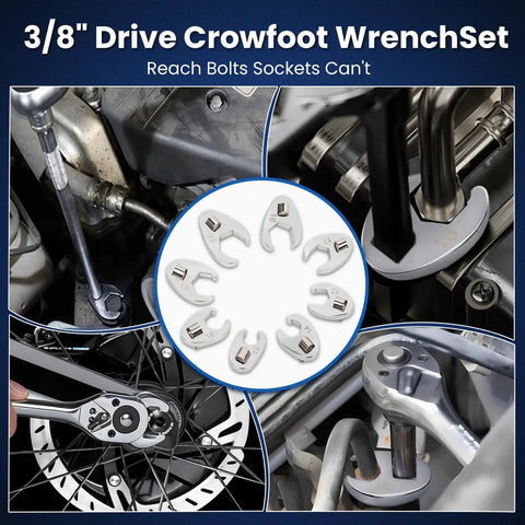 Three Eighths Inch Drive Metric Crowfoot Wrench Set 10 Piece 10 To 22 mm CRV Steel Flare Nut Design For Auto And Plumbing In Tight Spaces With Clip On Organizer Durable Chrome Vanadium Mirror Polished Finish Corrosion Resistant High Torque. 3/8 in drive crowfoot wrench set in tight engine and bike spaces