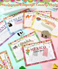 21 Piece Spanish Language Country Poster Set for Classrooms, showcasing colorful country cards on a table.