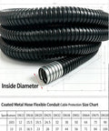 Wicked Tough PVC Coated Liquid Tight Flexible Metal Conduit with Galvanized Steel Core shown in coiled form and size chart.