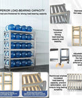 Heavy Duty Stainless Steel Shelving Unit Rock Solid Workhorse For Kitchen Garage Commercial Storage Adjustable Four Tier Metal Rack with blue water jugs.