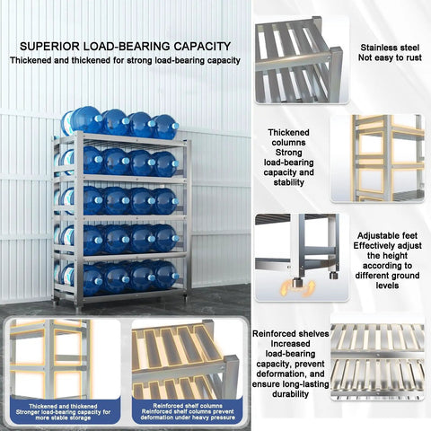 Heavy Duty Stainless Steel Shelving Unit Rock Solid Workhorse For Kitchen Garage Commercial Storage Adjustable Four Tier Metal Rack with blue water jugs.