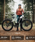 4000W Dual Motor E Bike With 52V 1040Wh Battery, Built For Tough Trails, featuring dimensions and rider on a forest path