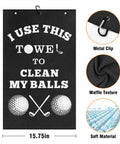 Premium Golf Towel Gift For Men And Golf Dudes With Clip Microfiber Cleaning Cloth For Bags Balls And Clubs Funny Practical Stocking Stuffer For Christmas Birthday And Valentines Day on display with dimensions and texture details