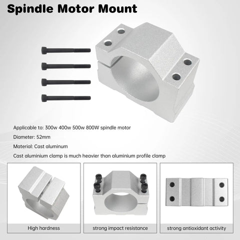 Cast aluminum spindle motor mount for Beefy 500W Spindle Motor For CNC Router, 52mm diameter, includes bolts, high hardness.