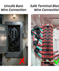 Comparison of unsafe bare wire with safe connection using All-In-One Terminal Blocks Kit for DIY and Pro-Grade Projects