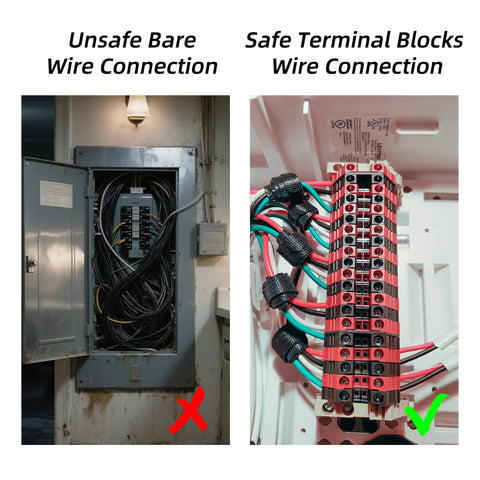 Comparison of unsafe bare wire with safe connection using All-In-One Terminal Blocks Kit for DIY and Pro-Grade Projects