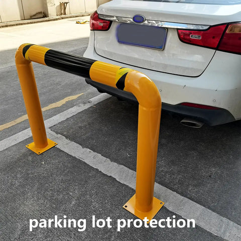 Two Pack Built Tough Heavy Duty Steel Safety Guard Barrier With Hollow Fillable Sections And Anchor Bolts For Warehouses And Parking Lots Use High Visibility Yellow Powder Coat To Stop Forklifts And Vehicles From Colliding 51.2 By 35.4 Inches installed in parking lot