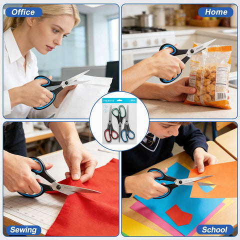 Three Pack Heavy Duty All Purpose Scissors Set With Stainless Steel Blades And Ultra Sharp Edges Ergonomic Comfort Grip Handles For Office Home School Sewing And Crafts Ideal For Paper Cardboard Fabric And More, 3-piece set