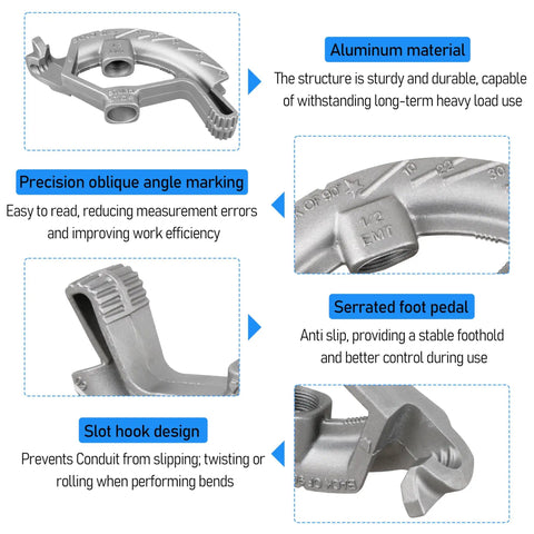 Heavy Duty 1/2 Inch Emt Conduit Bender Head With 3/4 Inch Pipe Handle showing aluminum material, precision angle markings, slot hook design.