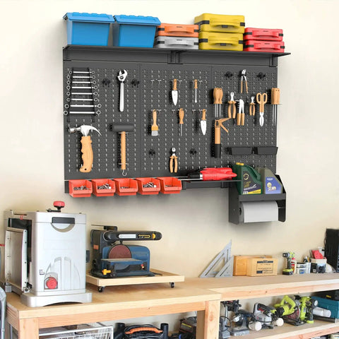 4ft Wide Metal Pegboard Wall Organizer Kit With Accessories For Garage, Wall Mount Tool Storage System, Shelves, Bins