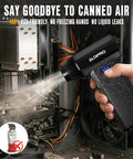 Powerful Brushless Air Duster With Rechargeable Battery used on a computer interior for cleaning, showing dust removal benefits.