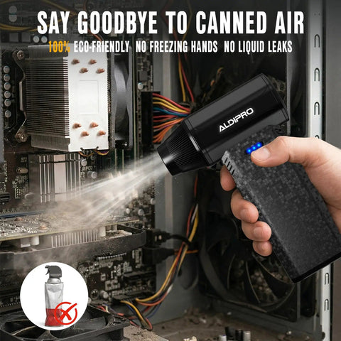 Powerful Brushless Air Duster With Rechargeable Battery used on a computer interior for cleaning, showing dust removal benefits.