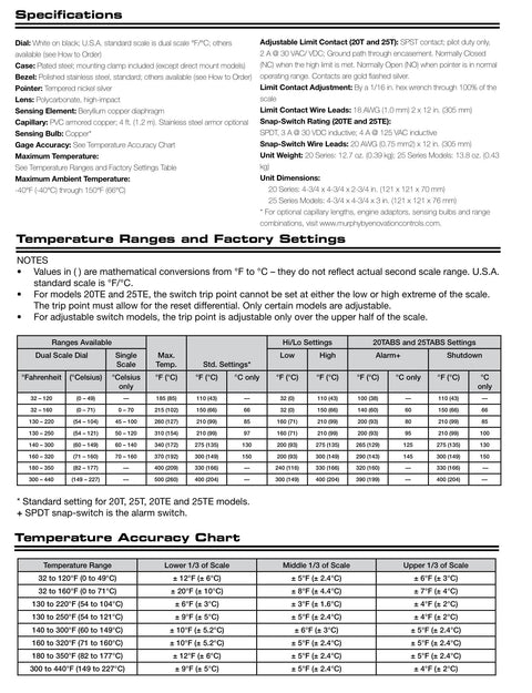 Specifications and charts for Must-Have Industrial Temperature Swichgage With Built-In Switch For Alarm And Shutdown