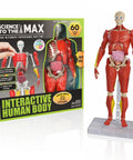 Hands On Interactive Human Body Model With Fully Poseable Anatomy Figure 14 Inch Tall Anatomy Kit Featuring Removable Muscles Organs And Bones STEM Toy For Ages 8 And Up, shown assembled next to its box.