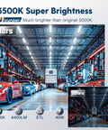 4 Pack Linkable LED Shop Lights For Garage, 4400 Lumens, 6500K Cool Daylight, 40W Per Fixture; comparison of brightness in garage setting