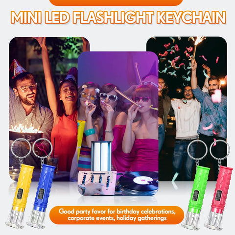 Young adults enjoying a party with a bulk pack of 100 mini LED flashlight keychains in assorted colors for key rings.