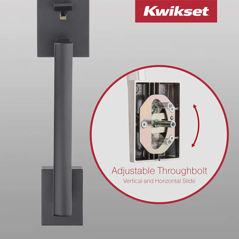 Vancouver Handleset With Halifax Matte Black Exterior Front Door Lockset With Deadbolt And SmartKey Security Two Bore Holes Interior Lever Rekeyable Lock showing adjustable throughbolt feature.