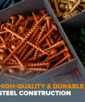 Pocket Hole Screws Beefy 2 Inch Coarse Thread, 500 Pack For Wood Joinery in a storage box, focus on steel construction