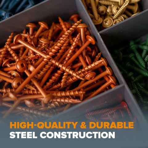 Pocket Hole Screws Beefy 2 Inch Coarse Thread, 500 Pack For Wood Joinery in a storage box, focus on steel construction