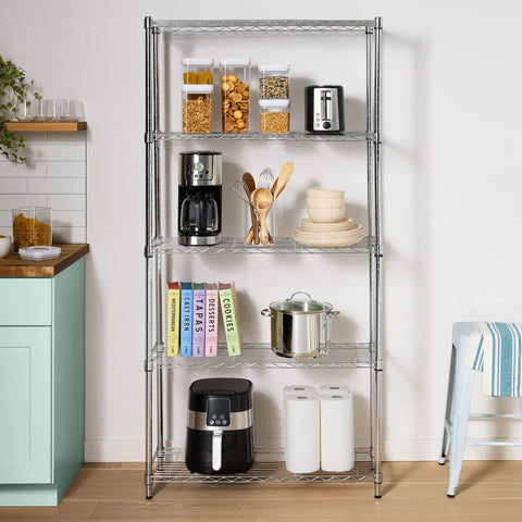 Heavy Duty Five Shelf Wire Storage Rack With Chrome Steel Finish, Adjustable Space Saving Shelving Organizer For Garage Or Kitchen, Rock Solid Zero Stress Setup, 350 Lbs Per Shelf Capacity