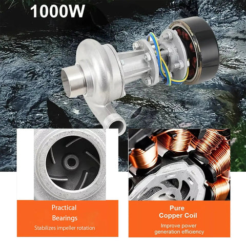 Rugged 1000W Hydroelectric Generator with pure copper core and durable aluminum alloy build for off-grid camping