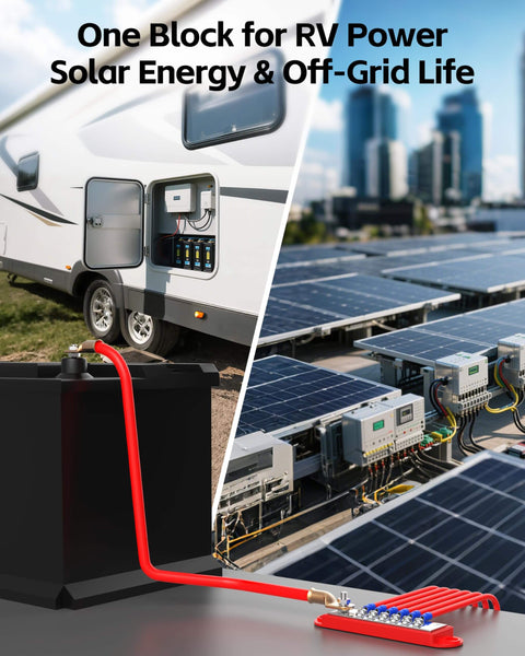 Beefy 150 Amp 12V Marine Bus Bar Power Distribution Block installed in RV and solar panel systems, highlighting power and grounding applications.