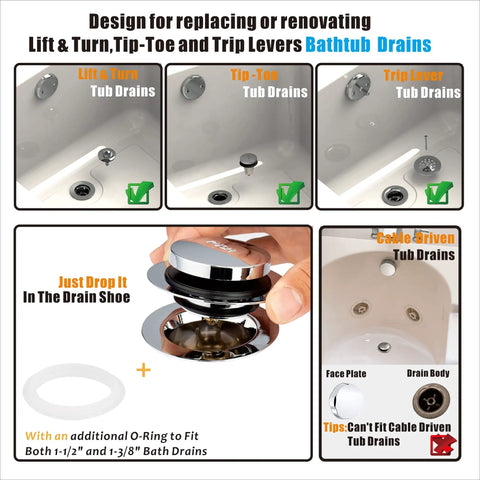 Universal Bath Drain Stopper And Cover With Tip Toe Design Replaces Lift And Turn Drains Easy Install Clears Hair And Debris