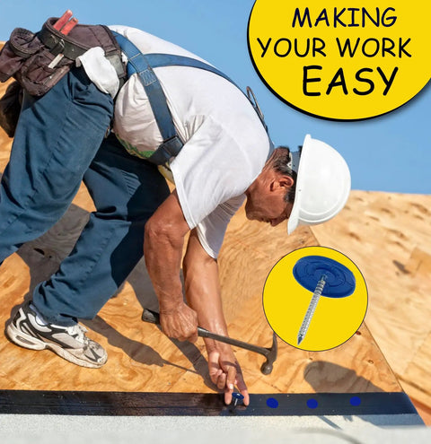 Worker using Legit Heavy Duty Plastic Cap Roofing Nails 1 1/4 Inch Electro Galvanized Shingle Fasteners with Smooth Flush Look for roofing.